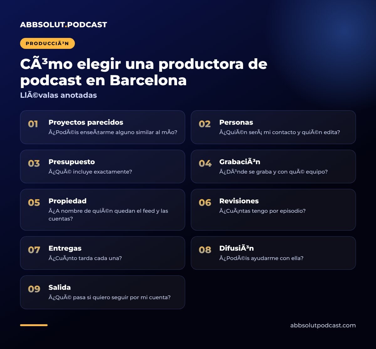 Infografía: Cómo elegir una productora de podcast en Barcelona. Llévalas anotadas