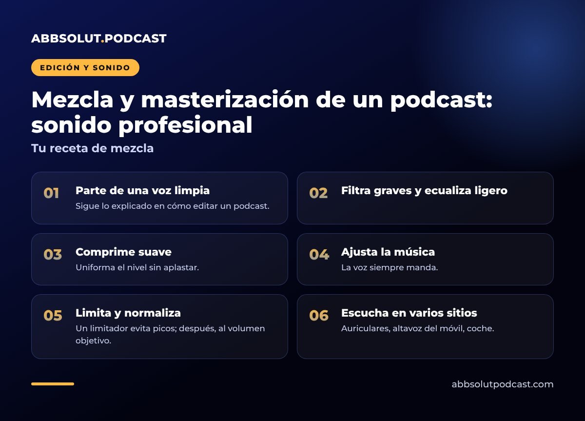Infografía: Mezcla y masterización de un podcast: sonido profesional. Tu receta de mezcla