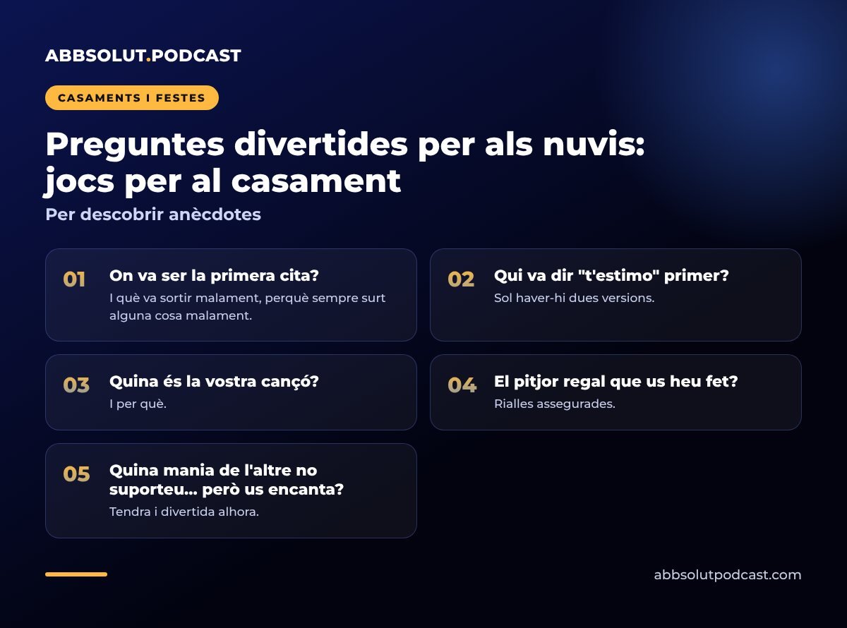 Infografia: Preguntes divertides per als nuvis: jocs per al casament. Per descobrir anècdotes