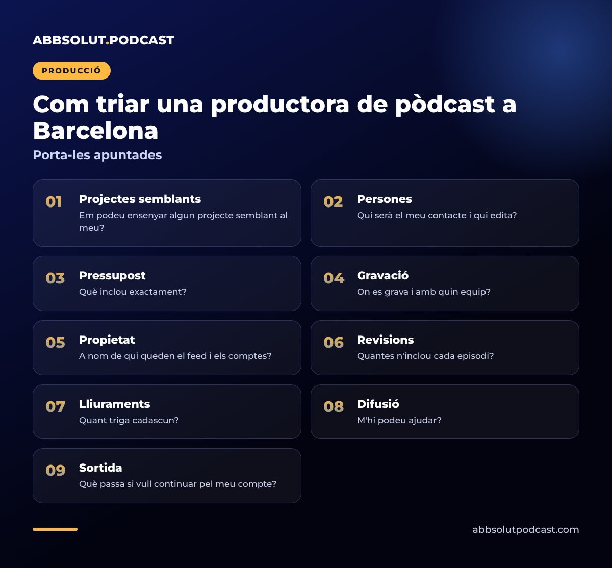 Infografia: Com triar una productora de pòdcast a Barcelona. Porta-les apuntades