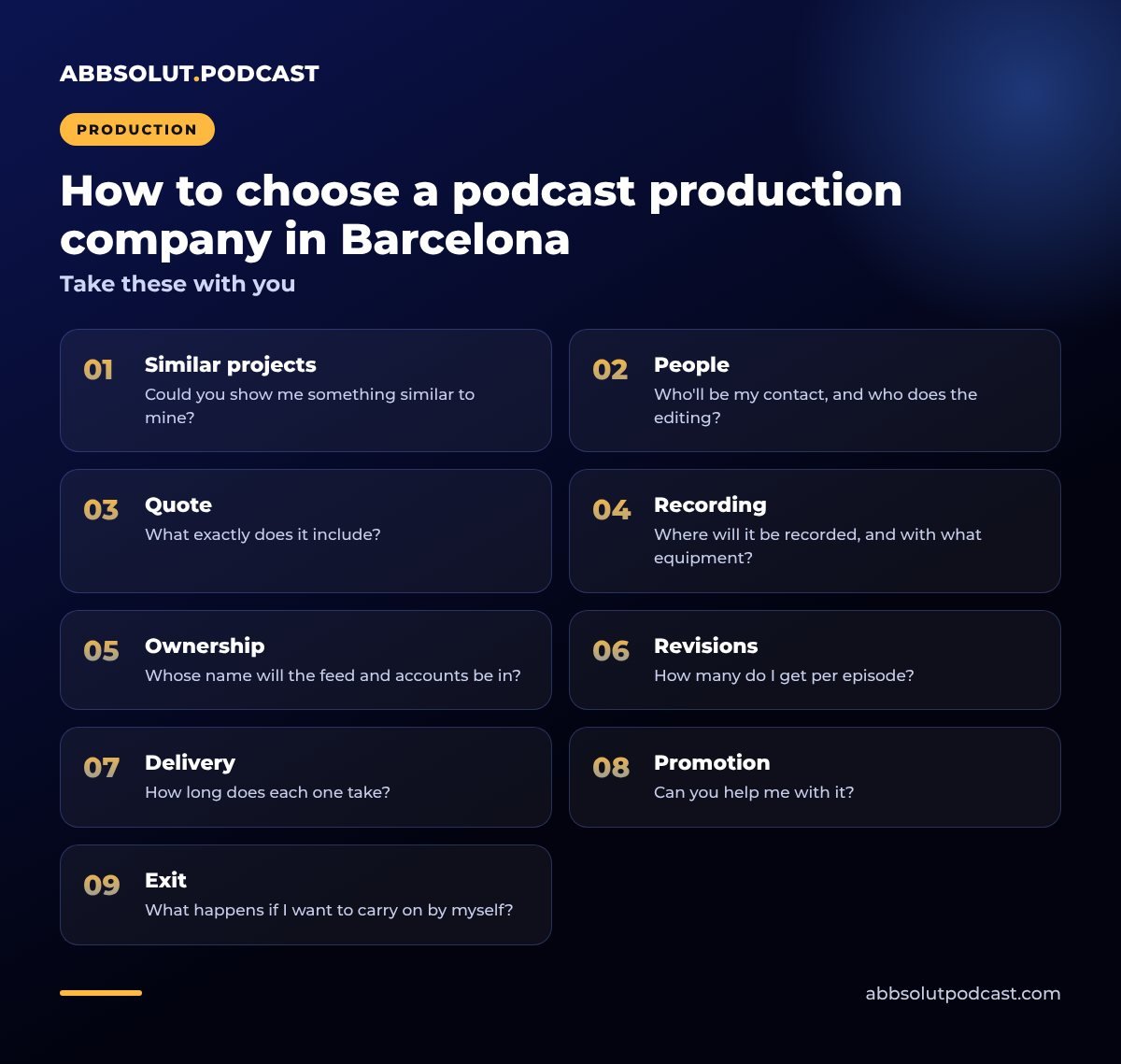 Infographic: How to choose a podcast production company in Barcelona. Take these with you