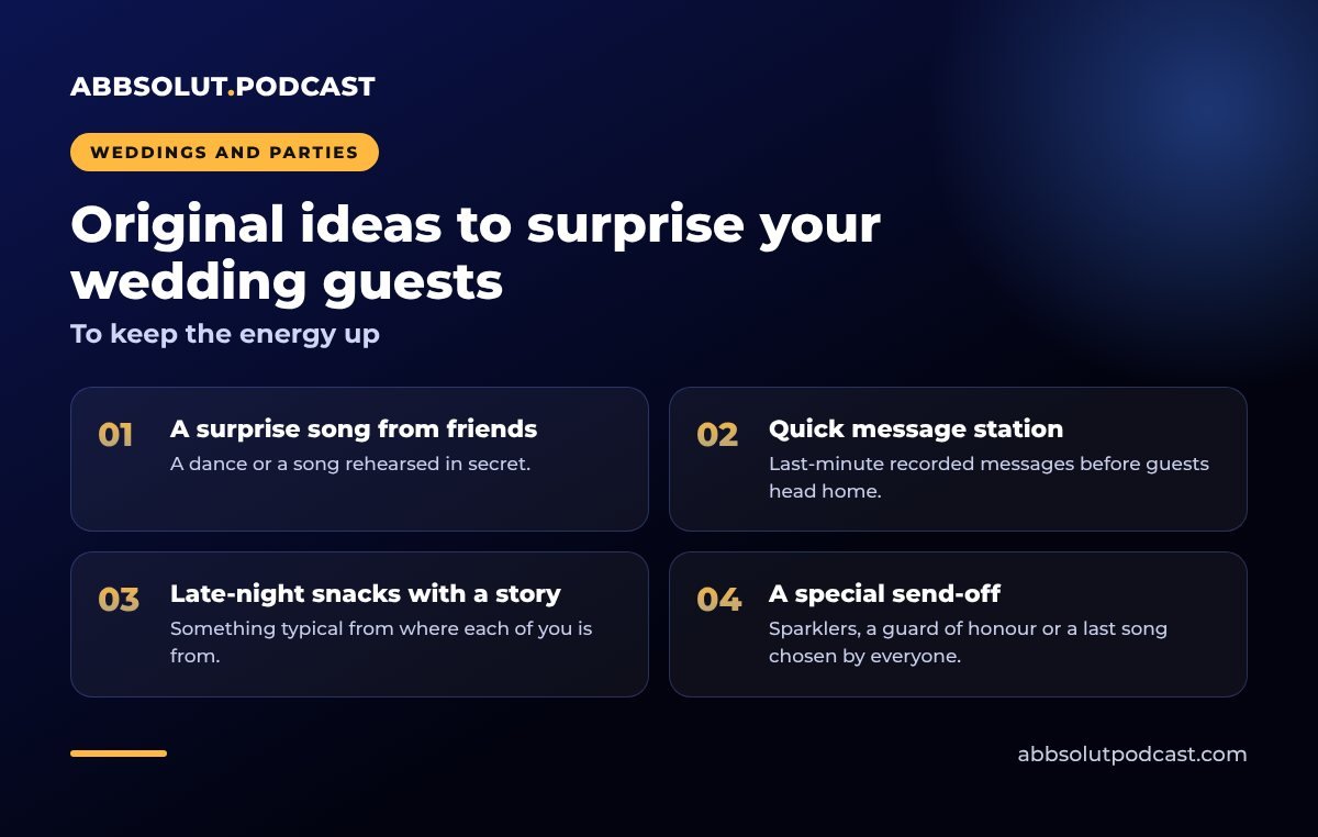 Infographic: Original ideas to surprise your wedding guests. To keep the energy up
