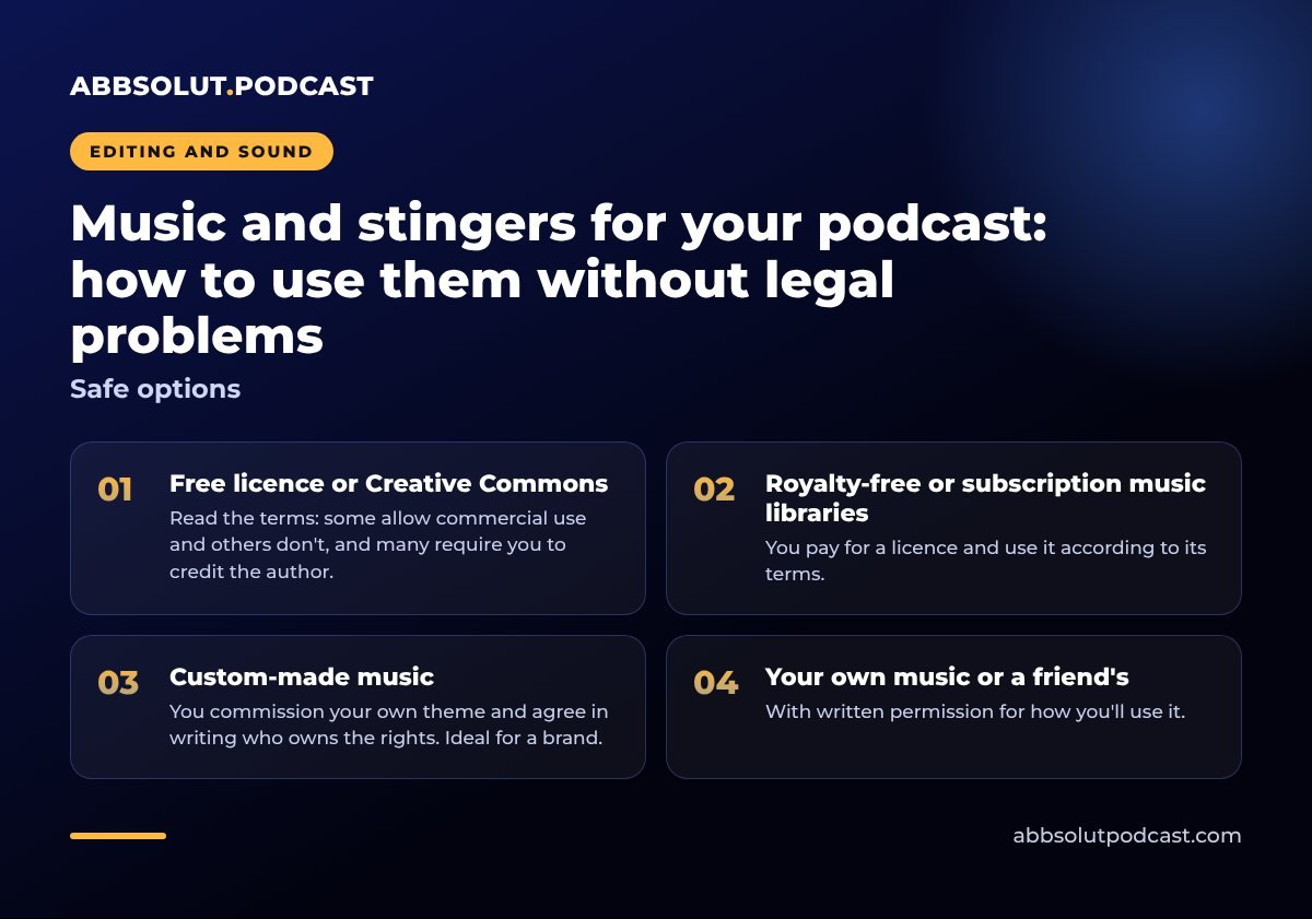 Infographic: Music and stingers for your podcast: how to use them without legal problems. Safe options
