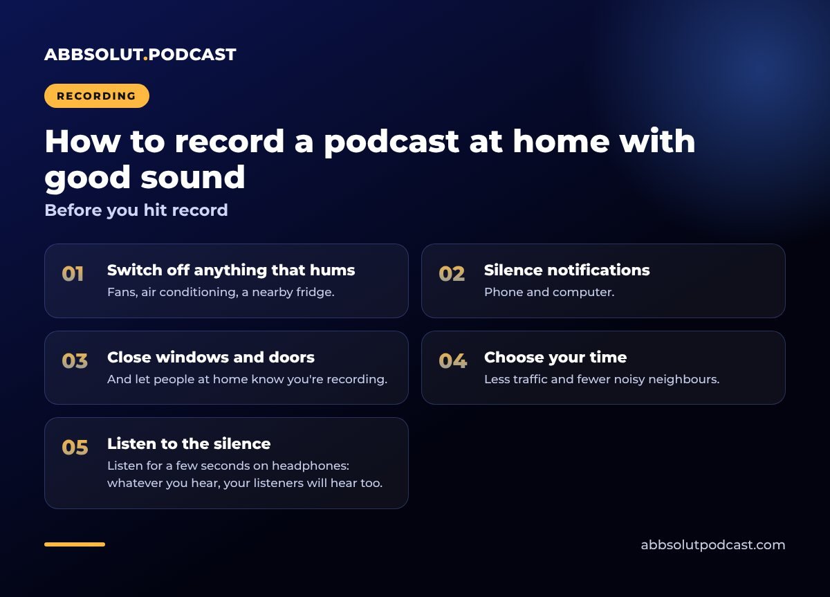Infographic: How to record a podcast at home with good sound. Before you hit record