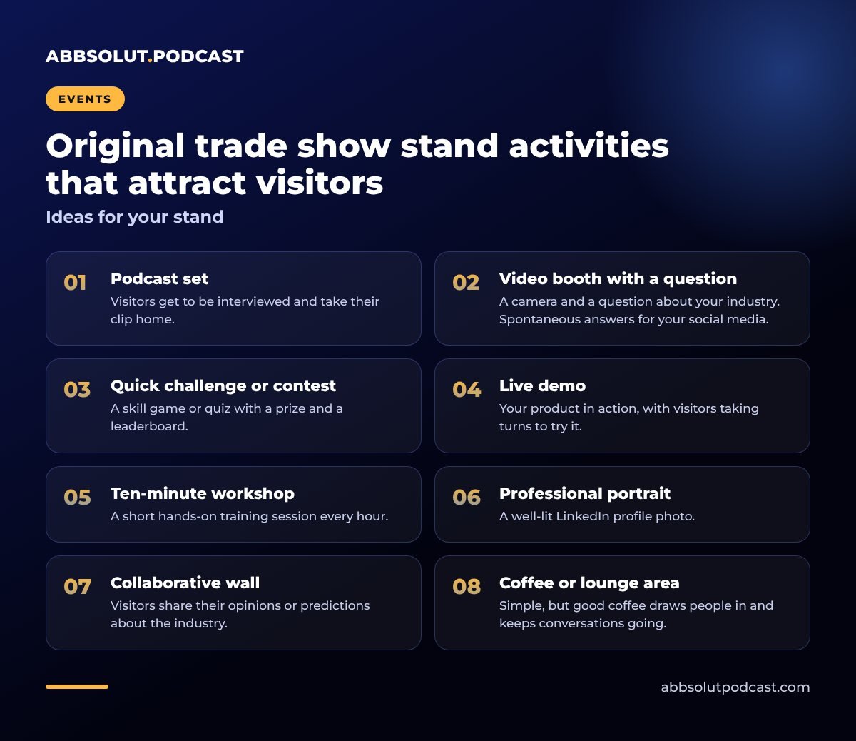 Infographic: Original trade show stand activities that attract visitors. Ideas for your stand